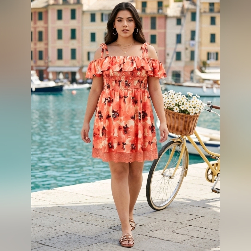 🆕️🏖👙 3X CORAL FLORAL MINI RUFFLE LACE TRIM COVERUP DRESS👙🏖